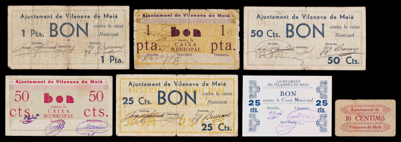 Vilanova de Meià. 10, 25 (dos), 50 céntimos (dos) y 1 peseta (dos). (T. 3287a, 3...