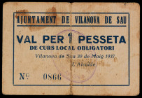 Vilanova de Sau. 1 peseta. (T. 3297). Cartón. Único billete emitido por esta localidad. Manchitas. Raro. BC+.