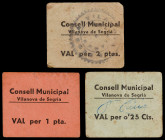 Vilanova de Segrià. 25 céntimos, 1 y 2 pesetas. (T. 3304a, 3305ae y 3307b). 3 cartones. Las 2 pesetas, nº 488. Rarísimos. BC+/MBC+.
