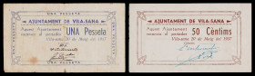 Vila-Sana. 50 céntimos y 1 peseta. (T. 3323 y 3324b). 2 billetes, todos los de la localidad. Raros. BC+/EBC-.