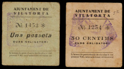 Vilatorta. 50 céntimos y 1 peseta. (T. 3339a y 3340). 2 cartones, todos los de la localidad. Muy raros. MBC-.