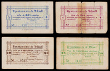 El Vilosell. 25, 50 céntimos, 1 y 2 pesetas. (T. 3360, 3361, 3362a y 3363a). 4 billetes, serie completa. Nº 034, 371, 0410 y 0543, uno roto y cosido e...