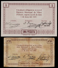 Viloví d'Onyar. 50 céntimos y 1 peseta. (T. 3366 y 3367). 2 billetes, todos los de la localidad. Raros. BC+/EBC+.