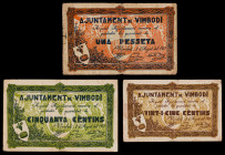Vimbodí. 25, 50 céntimos y 1 peseta. (T. 3368 a 3370). 3 billetes, todos los de la localidad. Escasos. BC+/MBC-.