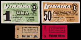 Vinaixa. 50 céntimos (dos) y 1 peseta (2). (T. 3371a y 3372 a 3374). 2 billetes y 2 cartones, todos los del Ajuntament. El cartón de 50 céntimos, nº 2...
