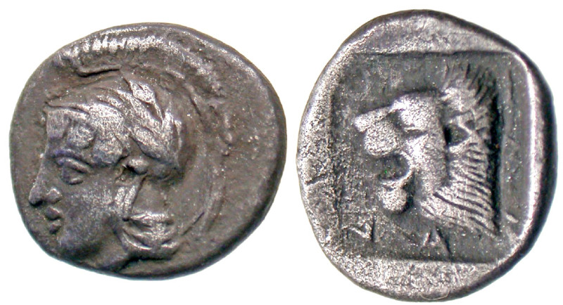 "Troas, Assos. Ca. 450-400 B.C. AR hemidrachm (12.4 mm, 1.69 g, 3 h). Helmeted h...