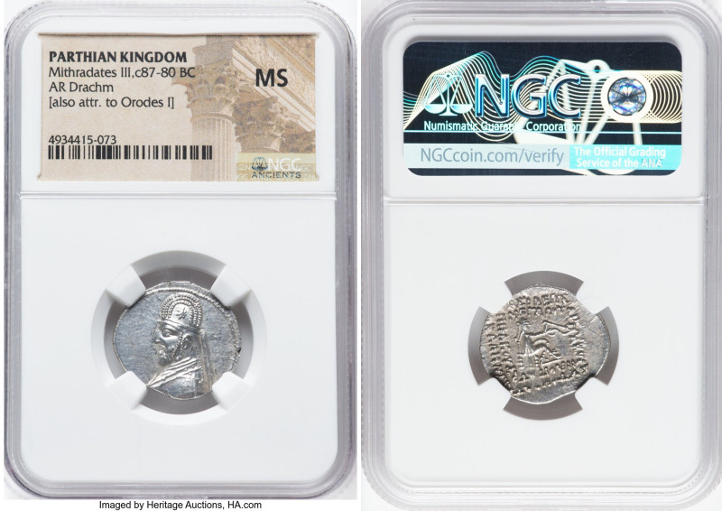 PARTHIAN KINGDOM. Mithradates III (ca. 87-80 BC). AR drachm (22mm, 11h). NGC MS....