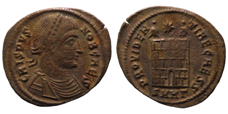 Crispus. (316-326 AD). Follis. (18mm, 2,58g) Heraclea. Obv: FL IVL CRISPVS NOB C...