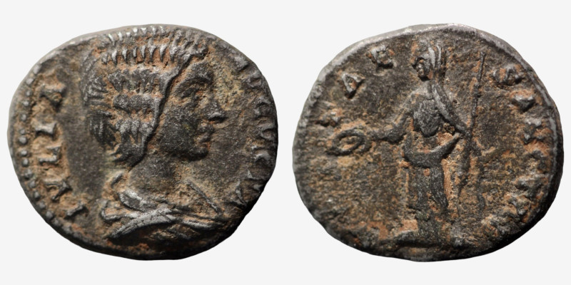 Julia Domna. (217 AD). Denar. (16mm, 3,97g) Rome. Obv: IVLIA AVGVSTA. draped bus...