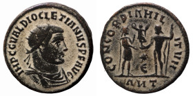 Diocletian. (285 AD). Æ Antoninian. (20mm, 2,94g) Antioch. Obv: IMP C C VAL DIOCLETIANVS P F AVG. radiate cuirassed bust of Diocletian right. Rev: CON...