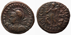 Licinius II. (317-324 AD). Follis. (19mm, 3,03g) Antioch. Obv: D N VAL LICIN LICINIVS NOB C. helmeted and cuirassed bust holding spear and shield. Rev...