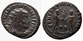 Diocletian. (285 AD). Æ Antoninian. (19mm, 1,94g) Antioch. Obv: IMP C C VAL DIOCLETIANVS P F AVG. radiate cuirassed bust of Diocletian right. Rev: CON...