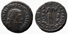 Constantinus I. (317-320 AD). Follis. (19mm, 3,26g) Antioch. Obv: IMP CONSTANTINVS AVG. draped bust of Constantinus holding scepter left. Rev: IOVI CO...