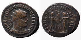 Maximianus. (286-305 AD). Æ Follis. (20mm, 2,74g) Antioch. Obv: IMP C M A MAXIMIANVS P F AVG. radiate cuirassed bust of Maximianus right. Rev: CONCORD...