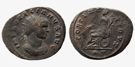 Aurelian. (270-275 AD). Æ Antoninian. (20mm, 3,09g) Siscia. Obv: IMP AVRELIANVS AVG. cuirassed bust of Aurelian right. Rev: FORTUNA REDUX. Fortuna sea...