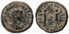 Probus. (276-282 AD). Æ Antoninian. (21mm, 3,80g) Antioch. Obv: IMP C M AVR PROBVS P F AVG. radiate cuirassed bust of Probus right. Rev: RESTITVT ORBI...