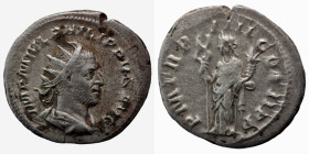 Philippus I. Arabs. (247 AD). AR Antoninian. (21mm, 3,93g) Rome. Obv: IMP M IVL PHILIPPVS AVG. radiate and cuirassed bust of Phillippus right. Rev: PM...