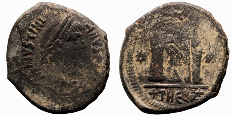 Justinian I. (527-565 AD) Æ Follis. (32mm, 15,73g) Theoupolis. Obv: D N IVSTINIA...