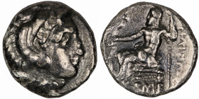 Alexander the Great. (336-323 BC) Drachm Subaeratus. contemporary forgery. (16mm, 3,58g) Obv: head of Alexander the great right. Rev: sitting Zeus hol...