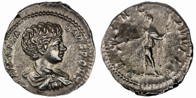 Geta. (232 AD). Denar. (19mm, 3,08g). Rome. Obv: P SEPT GETA CAES PONT. draped bust of Geta right. Rev: PRINC IVVENT. emperor standing left holding br...