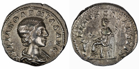 Julia Soaemias. (220-222 AD). Denar. (18mm, 3,34g). Rome. Obv: IVLIA SOAEMIAS AVG. draped bust of Julia Soaemias right. Rev: VENVS CAELESTIS. Venus se...