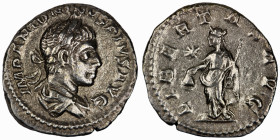 Elagabal. (220-221 AD). Denar. (19mm, 2,67g) Rome. Obv: IMP ANTONINVS AVG. laureate bust of Elagabal right. Rev: LIBERTAS AVG. Libertas standing left ...