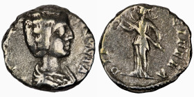 Julia Domna. (196-211 AD). Denar. (15mm, 3,02g) Rome. Obv: IVLIA AVGVSTA. draped bust of Julia Domna right. Rev: DIANA LVCIFERA. Diana standing left h...