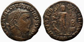 Constantinus I. (317-320 AD). Follis. (18mm, 3,43g) Antioch. Obv: IMP CONSTANTINVS AVG. draped bust of Constantinus holding scepter left. Rev: IOVI CO...