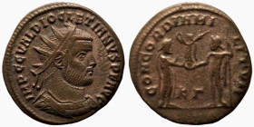 Diocletian. (285 AD). Æ Antoninian. (20mm, 2,88g) Antioch. Obv: IMP C C VAL DIOCLETIANVS P F AVG. radiate cuirassed bust of Diocletian right. Rev: CON...