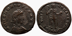 Honorius. (393-395 AD). Follis. (21mm, 4,89g) Nicomedia. Obv: DN HONORIVS PF AVG. pearl-diademed bust of Honorius right. Rev: GLORIA ROMANORVM. Honori...