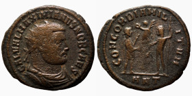 Maximianus. (285-295 AD). Æ Antoninian. (19mm, 2,75g) Antioch. Obv: GAL VAL MAXIMIANVS PF AVG. radiate cuirassed bust right. Rev: CONCORDIA MILITVM. J...