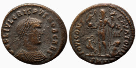 Crispus. (317 AD). Follis. (18mm, 2,88g) Heraclea. Obv: FL IVL CRISPVS NOB CAES. laureate bust of Crispus right. Rev: IOVI CONSERVATORI. Jupiter stand...