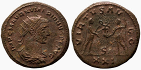 Numerian (282-283 AD). Æ Antoninian. (20mm, 3,20g) Antioch. Obv: IMP CM AVR NVMERIANVS NOB C. radiate cuirassed bust of Numerian right. Rev: VIRTUS AV...