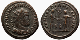 Maximianus. (285-295 AD). Æ Antoninian. (21mm, 2,76g) Antioch. Obv: IMP CMA MAXIMIANVS PF AVG. radiate cuirassed bust right. Rev: CONCORDIA MILITVM. J...