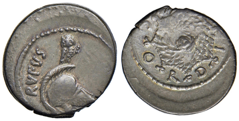 Cordia - Mn. Cordius Rufus - Denario (46 a.C.) Elmo a d. - R/ L’egida di Minerva...