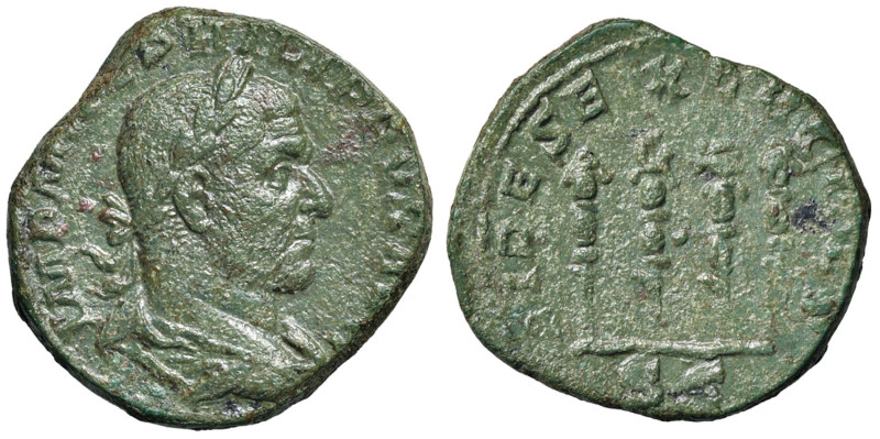 Filippo I (244-249) Sesterzio - Busto laureato a d. - R/ Quattro insegne - RIC 1...