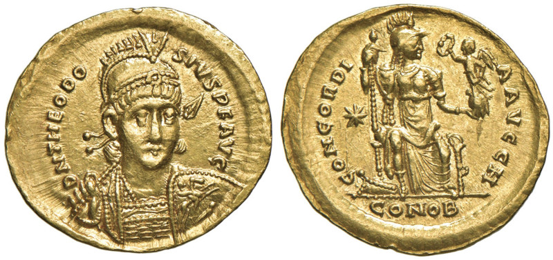 Teodosio II (408-450) Solido - Busto elmato, diademato e corazzato di fronte - R...