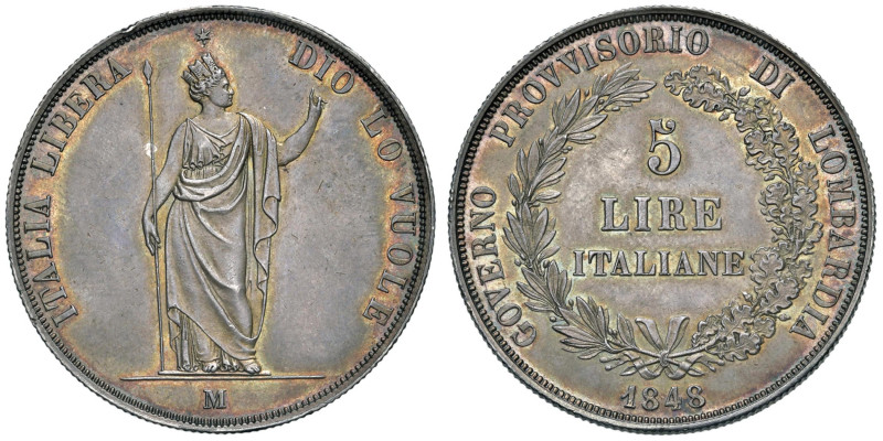 MILANO Governo provvisorio (1848) 5 Lire 1848 - Gig. 3 AG (g 25,00) Tacchetta al...