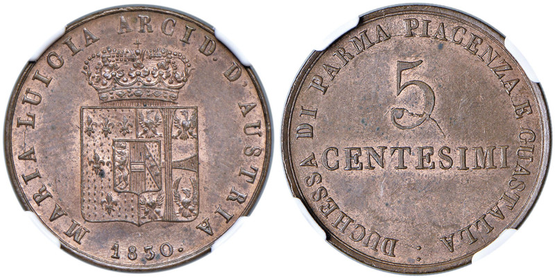 PARMA Maria Luigia (1815-1847) 5 Centesimi 1830 - Pag. 14 CU In slab NGC MS 63 R...