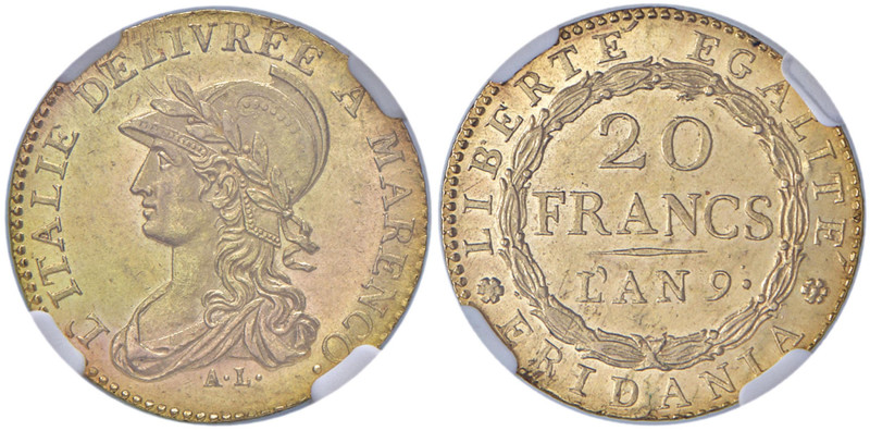 TORINO Repubblica Subalpina (1800-1802) 20 Franchi A' 9 - Gig. 1 AU R In slab MS...