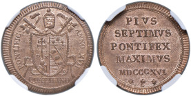 Pio VII (1800-1823) Quattrino 1816 A. XVII - Nomisma 297 CU In slab NGC MS 65 RB QVATT... cod. 6635213-004
MS 65 RB
TOP POP, miglior esemplare certi...