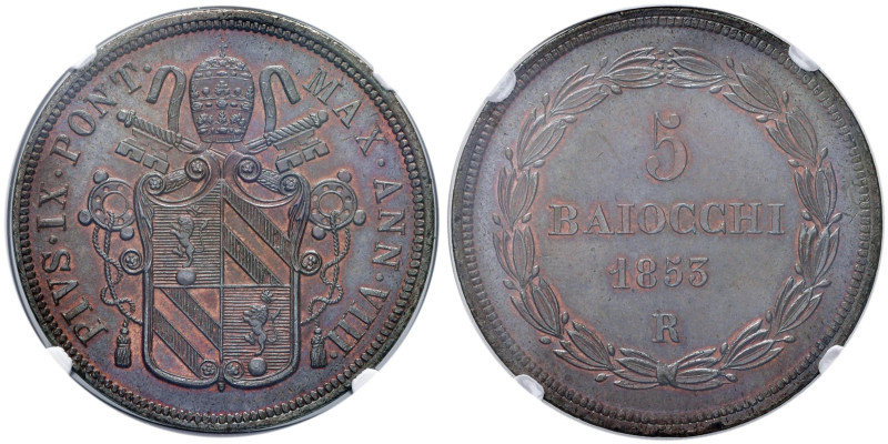 Pio IX (1846-1878) 5 Baiocchi 1853 A. VIII - Nomisma 773 CU In slab NGC MS 66 BN...