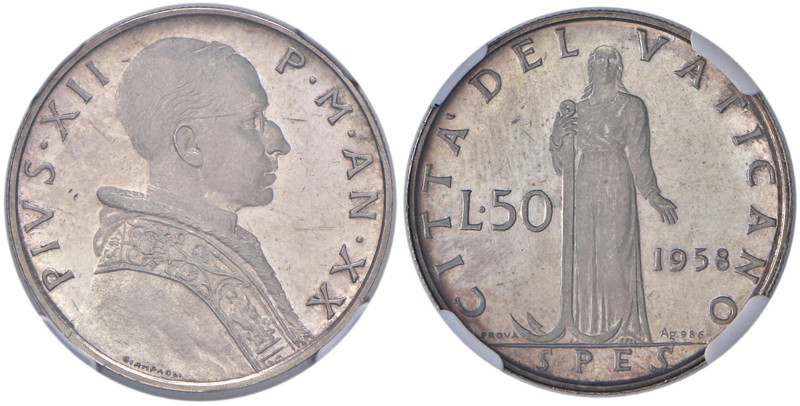 Pio XII (1939-1958) 50 Lire 1958 Prova Anno XX - PP388 AG RRRR TOP POP, miglior ...