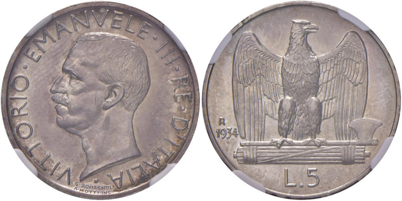 Vittorio Emanuele III (1900-1946) 5 Lire 1934 - Nomisma 1142 AG RRR Tiratura di ...