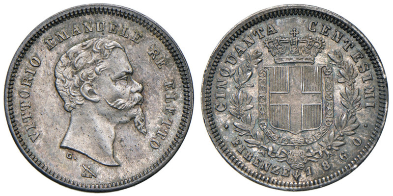 Vittorio Emanuele II re eletto (1859-1861) 50 Centesimi 1860 F - Nomisma 835 AG...