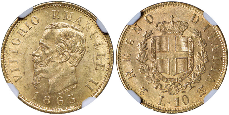 Vittorio Emanuele II (1861-1878) 10 Lire 1863 T - Nomisma 870 AU In slab NGC MS ...