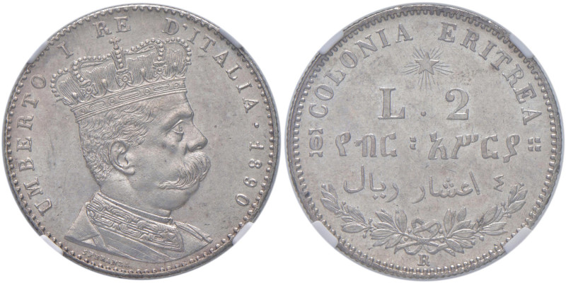 Umberto I (1878-1900) Eritrea - 2 Lire 1890 - Nomisma 1039 AG In slab NGC MS62 5...