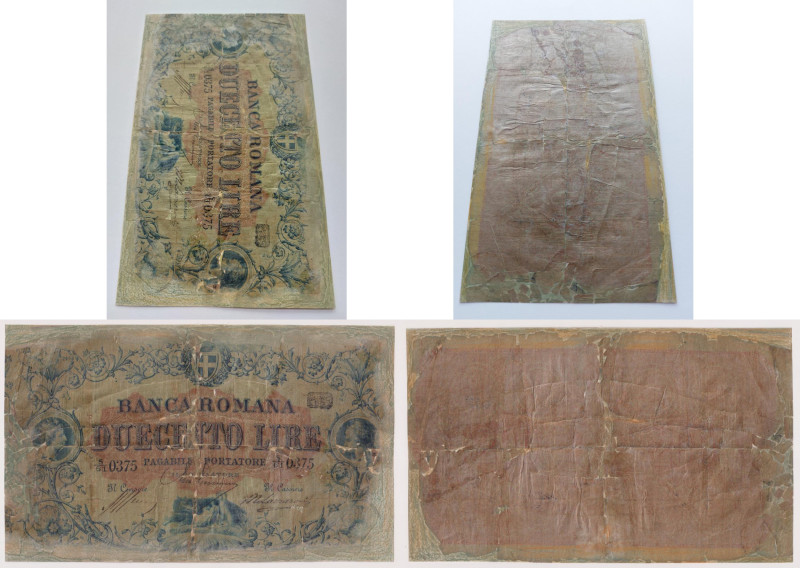 Banca Romana - 200 Lire 0375 del 1872. Biglietto restaurato in maniera invasiva ...