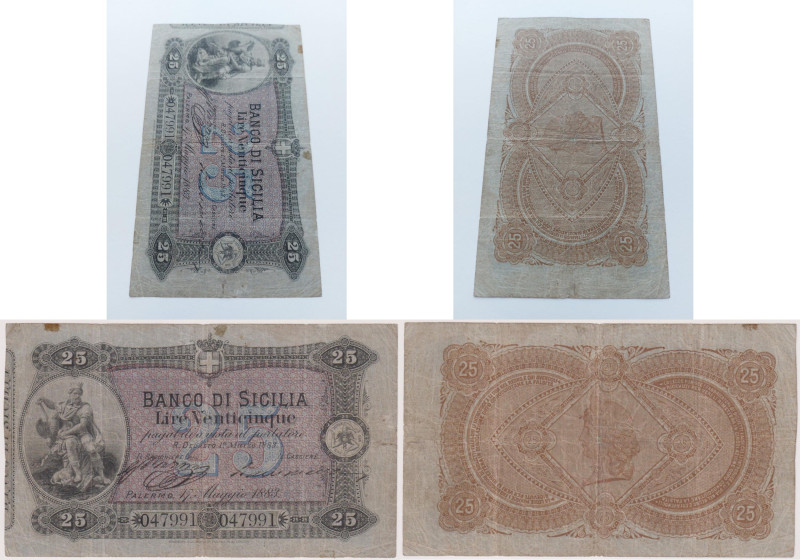 Banco di Sicilia - 25 Lire 1° tipo - 17/05/1883 047991. Restauri d'epoca. Rif. G...