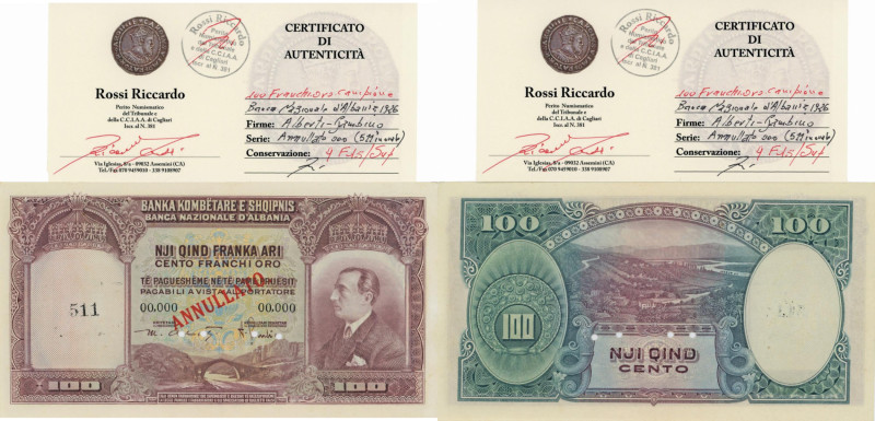 Banca Nazionale d’Albania - 100 Franchi Oro del 1926 “ANNULLATO” 000 (511 in ova...